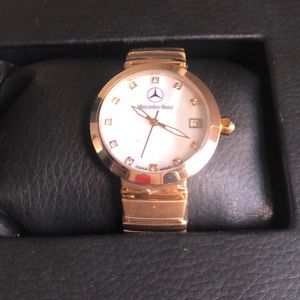 GOLD SWISS MOVT MERCEDES BENZ WATCH WITH CRYSTALS
